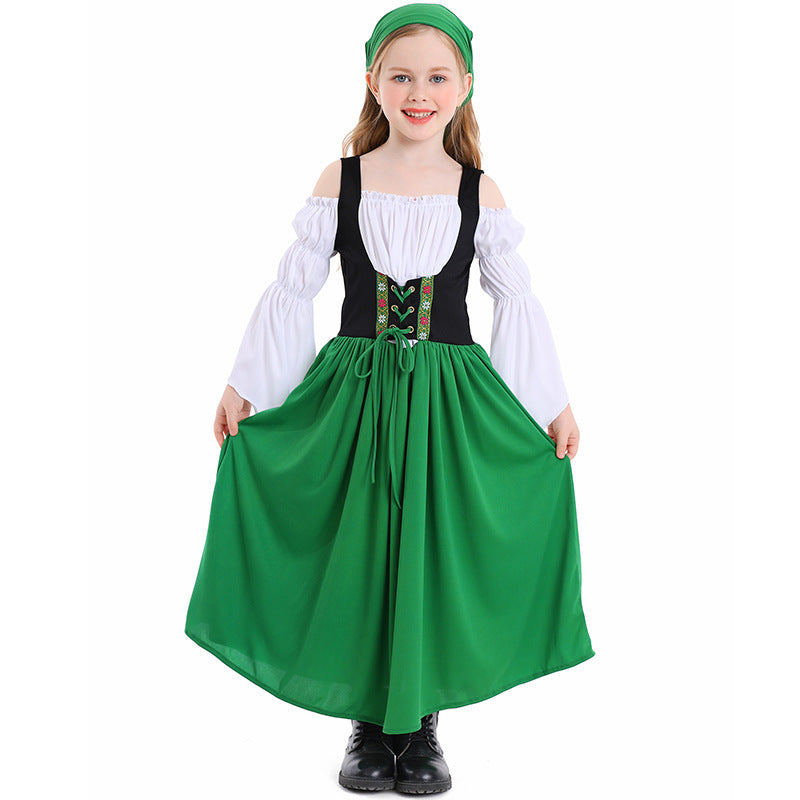 Ladies medieval girl costume with laced bodice and headscarf Mune Fashion