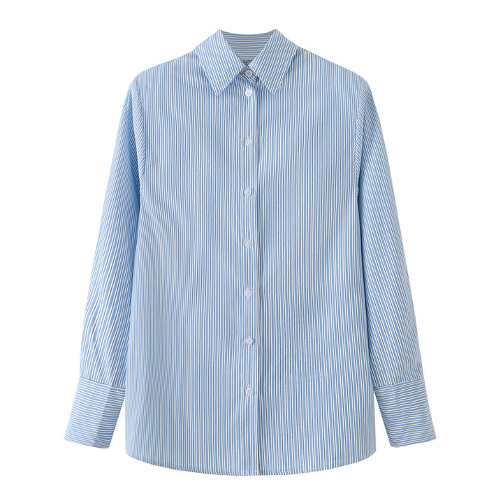 Women Oversized Striped Blouse with Shirt Collar and Cuffs Mune Fashion