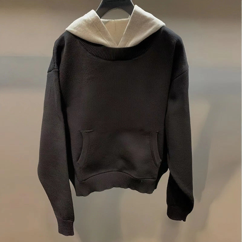 Unisex Chunky Knitted Layered Look Sweatshirt with Contrast Hood and Kangaroo Pocket Mune Fashion