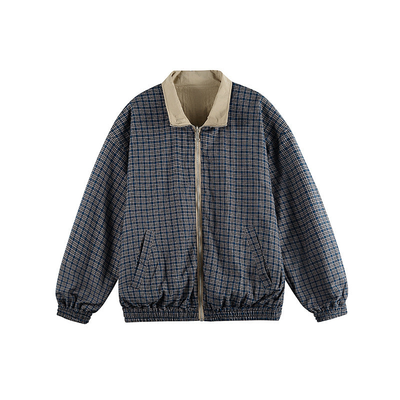 Unisex Lightweight Oversized Zip Jacket in Bomber Style with Checkered Collar and Elastic Cuffs Mune Fashion