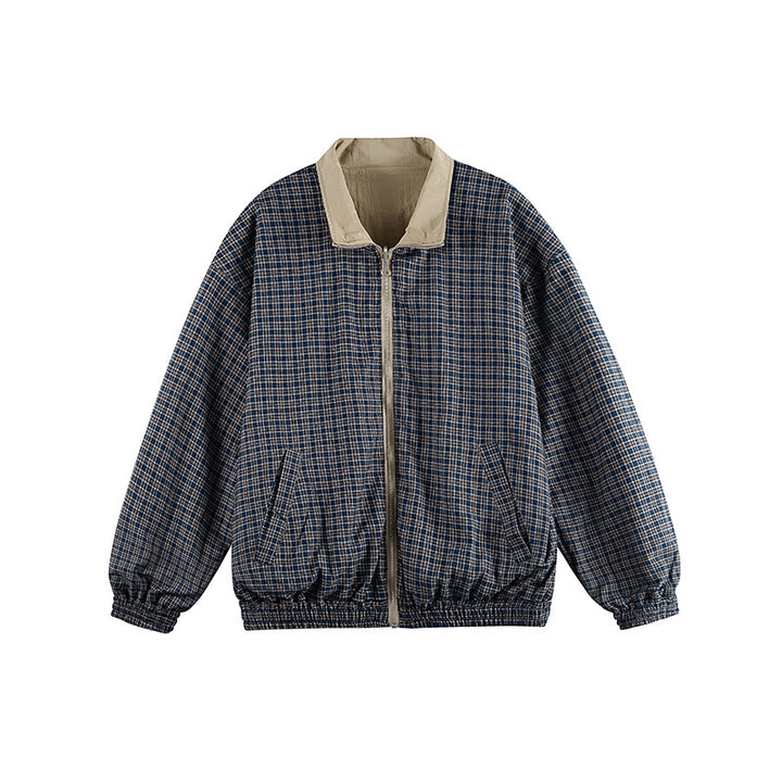 Unisex Lightweight Oversized Zip Jacket in Bomber Style with Checkered Collar and Elastic Cuffs Mune Fashion