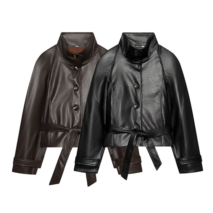 Women's Tailored Cropped Vegan Leather Jacket with Stand Collar and Tie Belt Mune Fashion