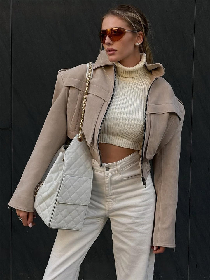 Women short blazer made of suede leather look with oversized shoulder and concealed zipper Mune Fashion