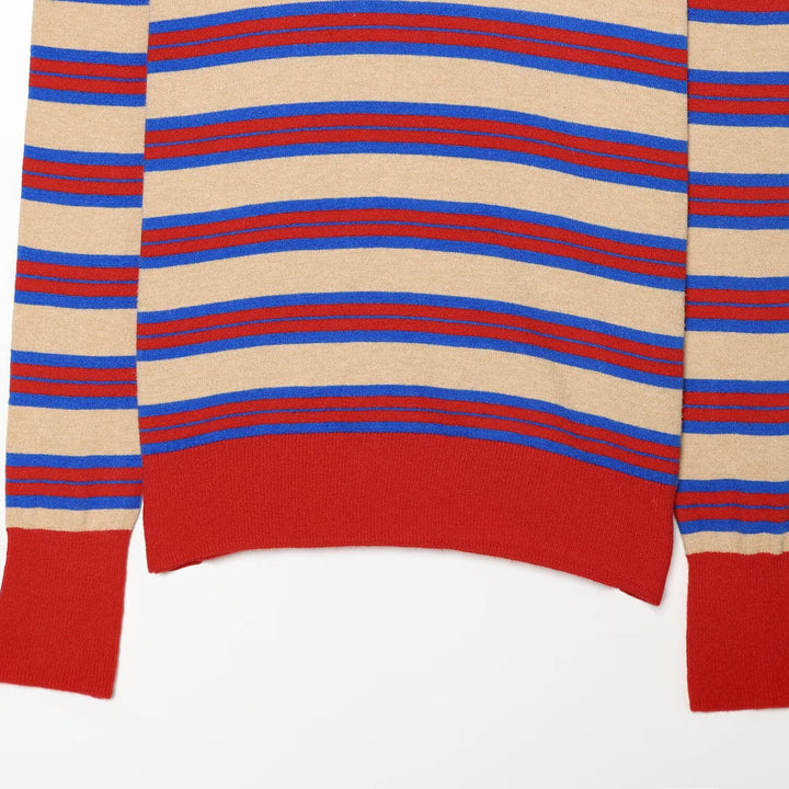 Women's Striped Fine Knit Sweater with Round Neckline and Extended Ribbed Cuffs Mune Fashion