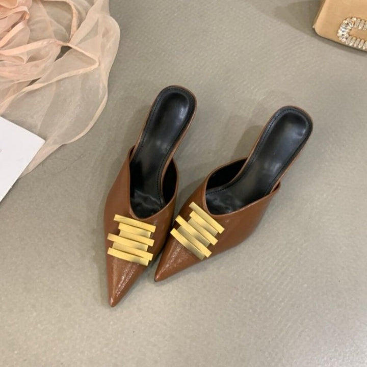 Women pointed-toe mule slippers with decorative golden trim Mune Fashion