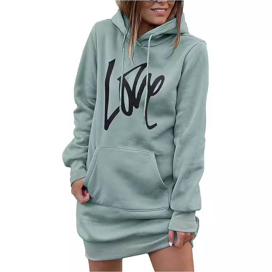 Ladies fleece hooded dress with kangaroo pocket, thumb hole sleeves and oversized sweatshirt cut Mune Fashion