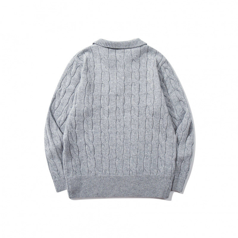 Men's chunky knit cable pattern sweater with polo collar and V-neck Mune Fashion