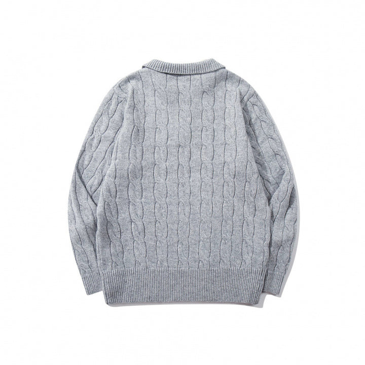 Men's chunky knit cable pattern sweater with polo collar and V-neck Mune Fashion