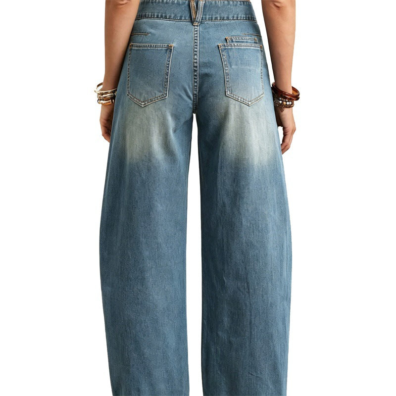 Women Wide High-Cut Jeans with Curved Seam Details and Patch Pockets Mune Fashion