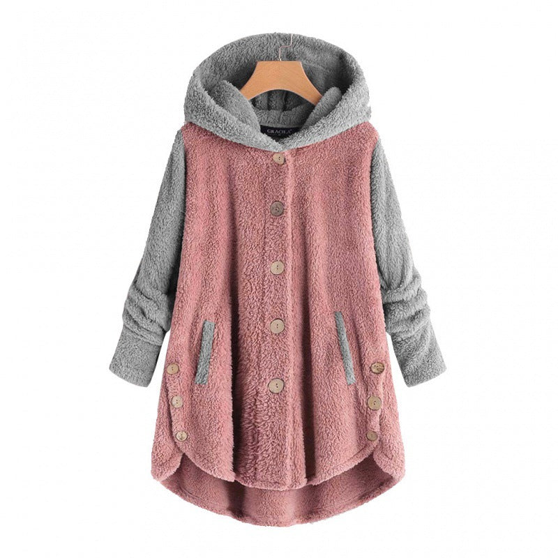 Women's Oversized Teddy Coat with Hood, Asymmetrical Zigzag Hem and Wooden Button Placket Mune Fashion