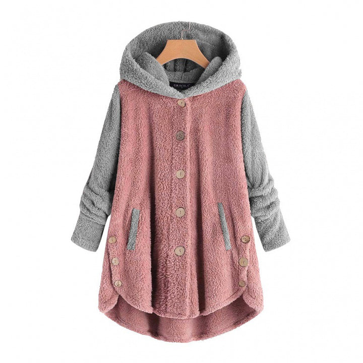 Women's Oversized Teddy Coat with Hood, Asymmetrical Zigzag Hem and Wooden Button Placket Mune Fashion
