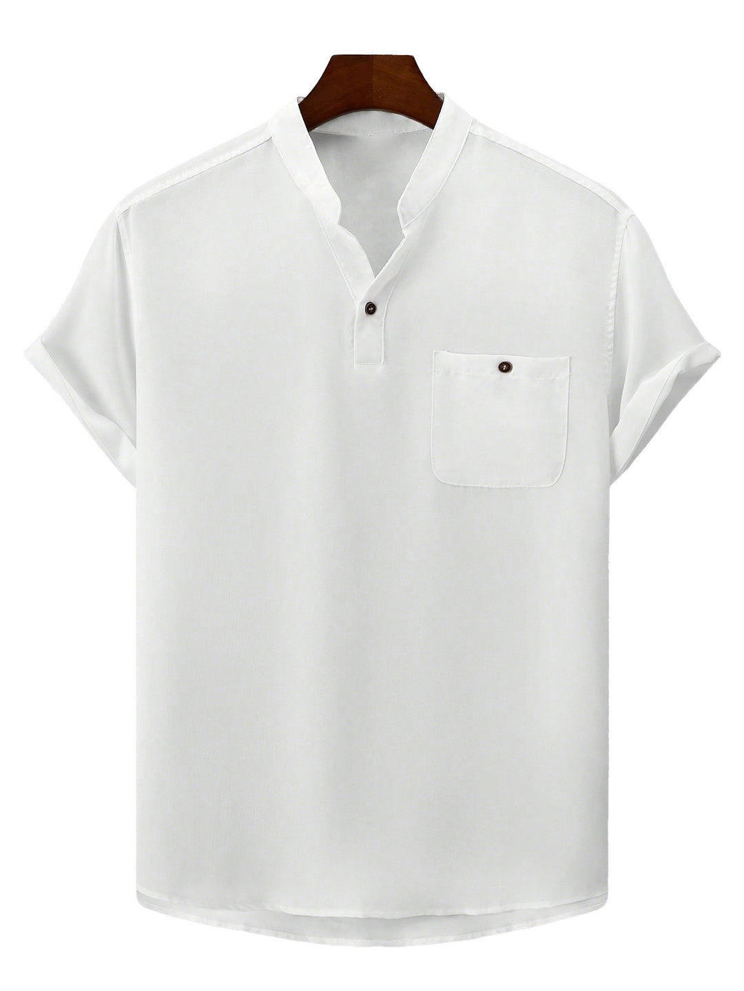 Men's casual Mandarin-style short-sleeve shirt with half-button placket, patch chest pocket, and rounded hem Mune Fashion