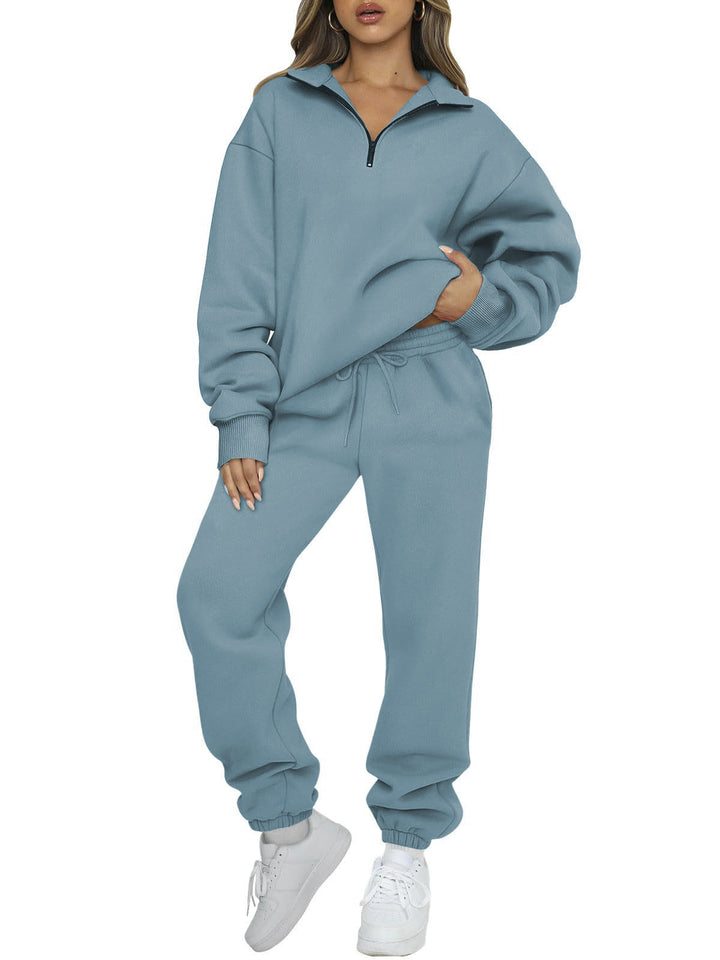 Women's half-zip loungewear set with oversized collar sweater and tapered joggers with elastic waistband Mune Fashion