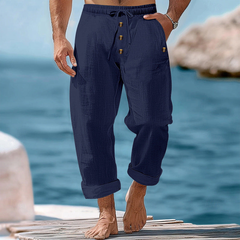 Men's casual linen-cotton pants with elastic waistband, drawstring, and rolled-up hem Mune Fashion
