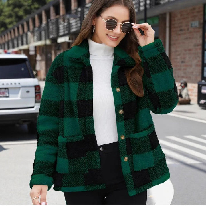 Ladies non-padded checkered teddy fleece shacket with button placket and patch pockets Mune Fashion