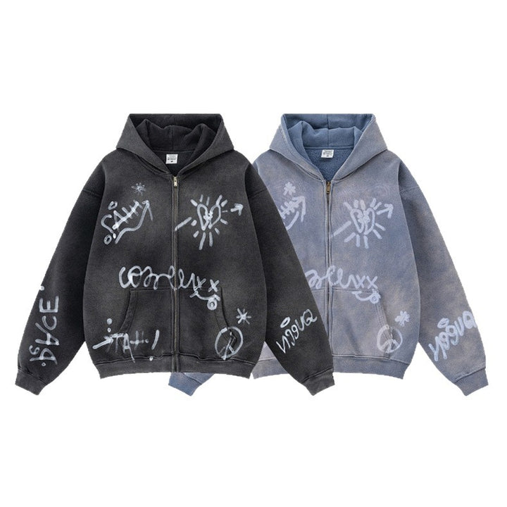 Unisex oversized hoodie jacket with full-length zipper, brushed fleece lining, and hand-like spray print Mune Fashion