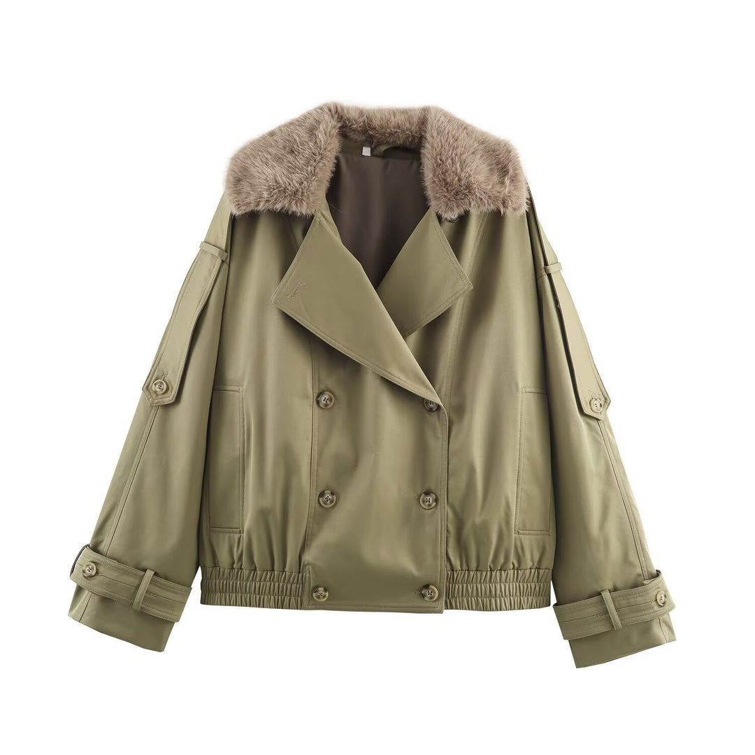 Women's short jacket in blouson trench style with detachable faux fur collar Mune Fashion