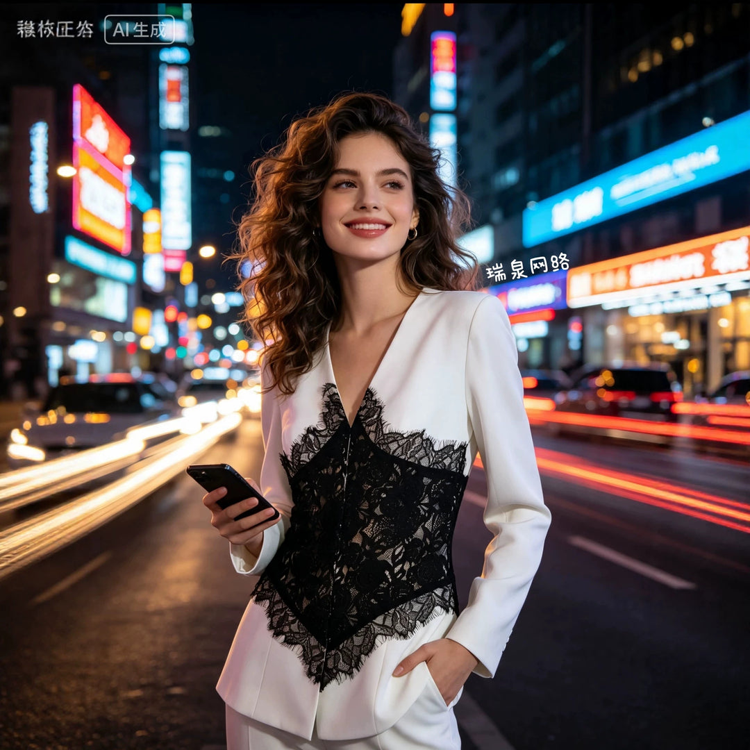Women Tailored Blazer with Lace Corset Trim Mune Fashion