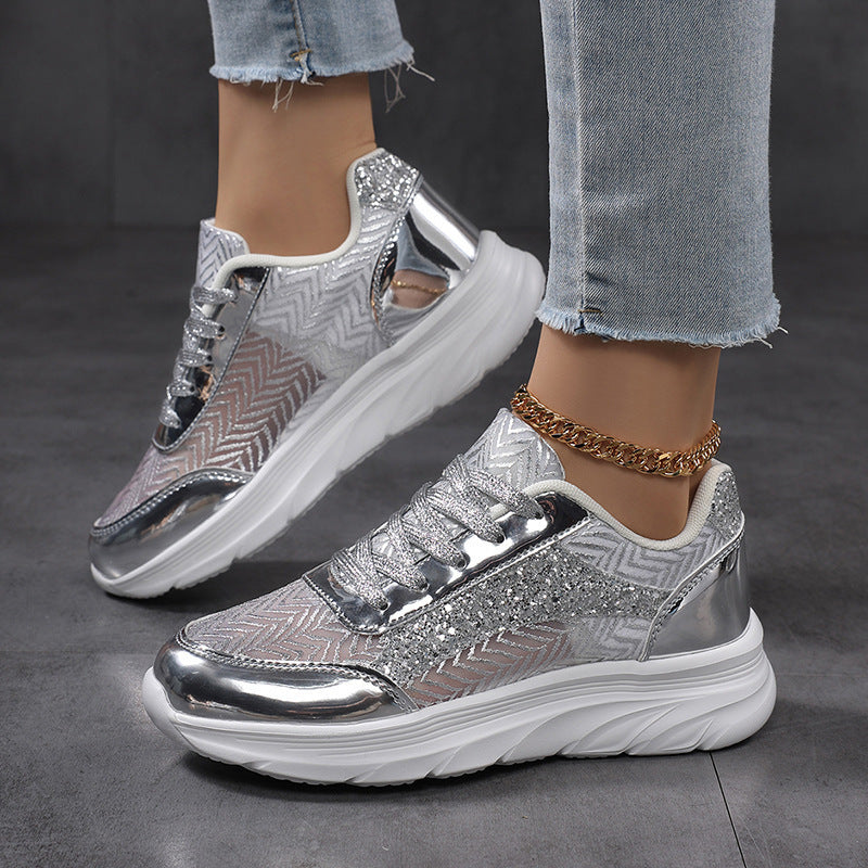 Women's nan glamorous eye-catching sneakers with glitter panels, jacquard woven upper material, and ergonomic wave sole Mune Fashion