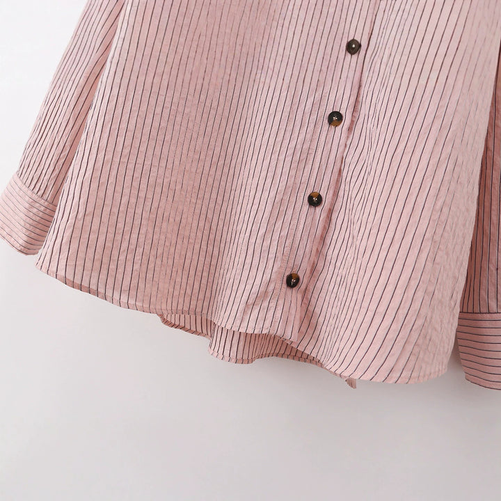 Women's Oversize Blouse with Stand-Up Collar, Fine Pinstripes and Continuous Button Placket Mune Fashion