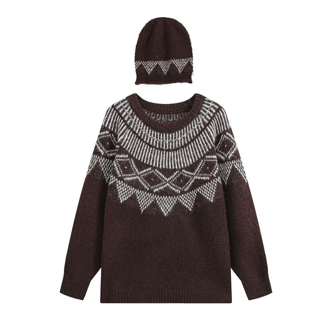 Women Oversized Norwegian Knit Sweater with Round Neckline and Matching Beanie Drune