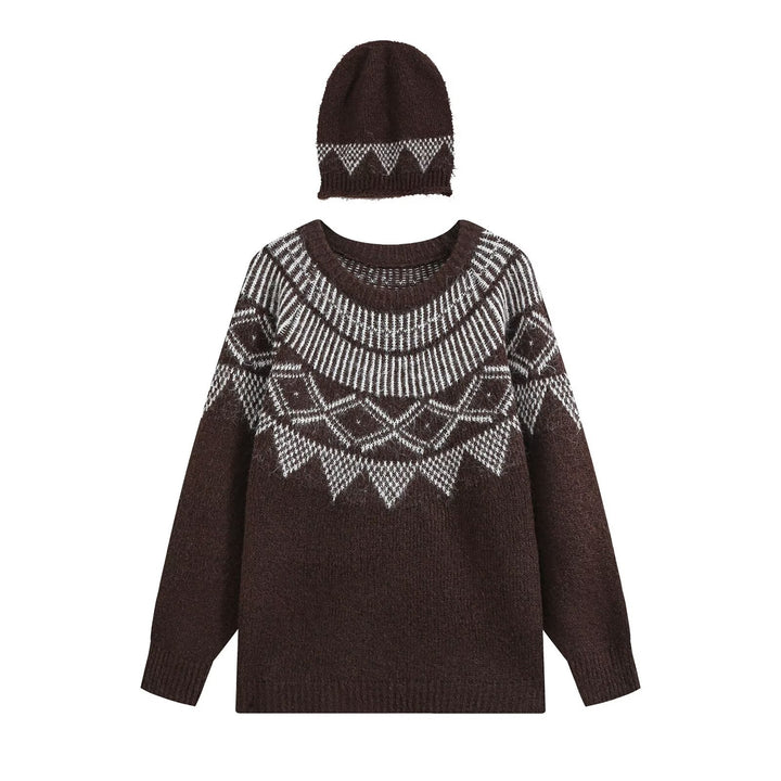 Women Oversized Norwegian Knit Sweater with Round Neckline and Matching Beanie Drune