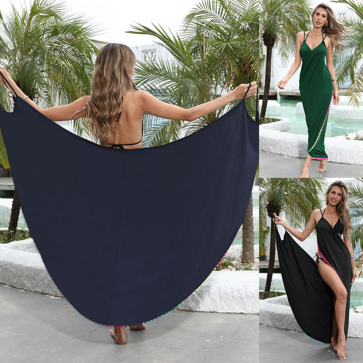 Ladies elegant maxi dress with colorful pom-pom trim Mune Fashion