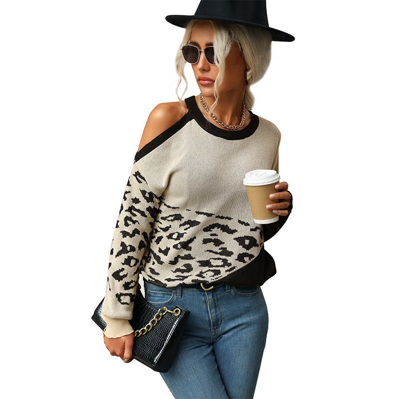 Women's Casual Knitted Sweater with Leopard Print Mune Fashion