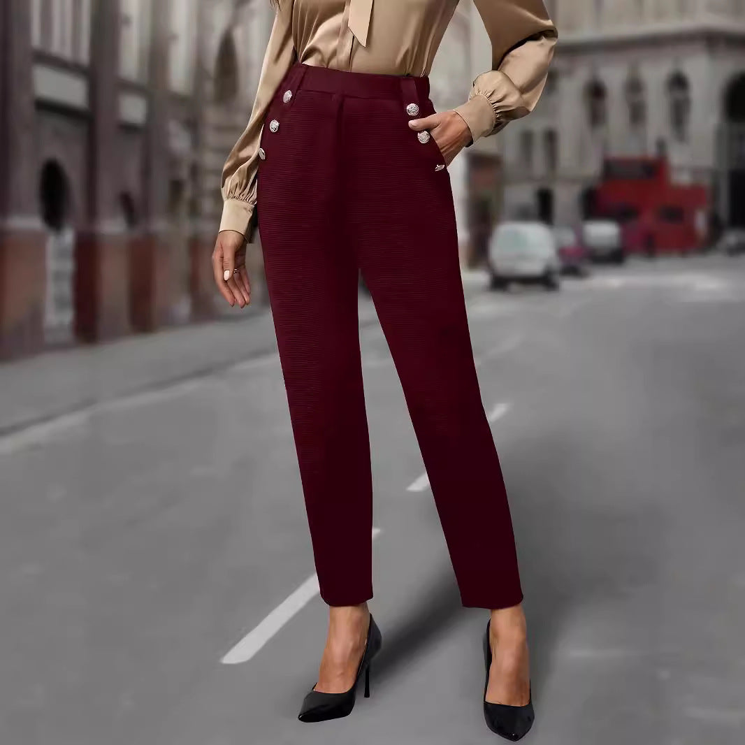 Women's High-Waisted Pleated Trousers with Decorative Buttons and Narrow Ankle Cut Mune Fashion