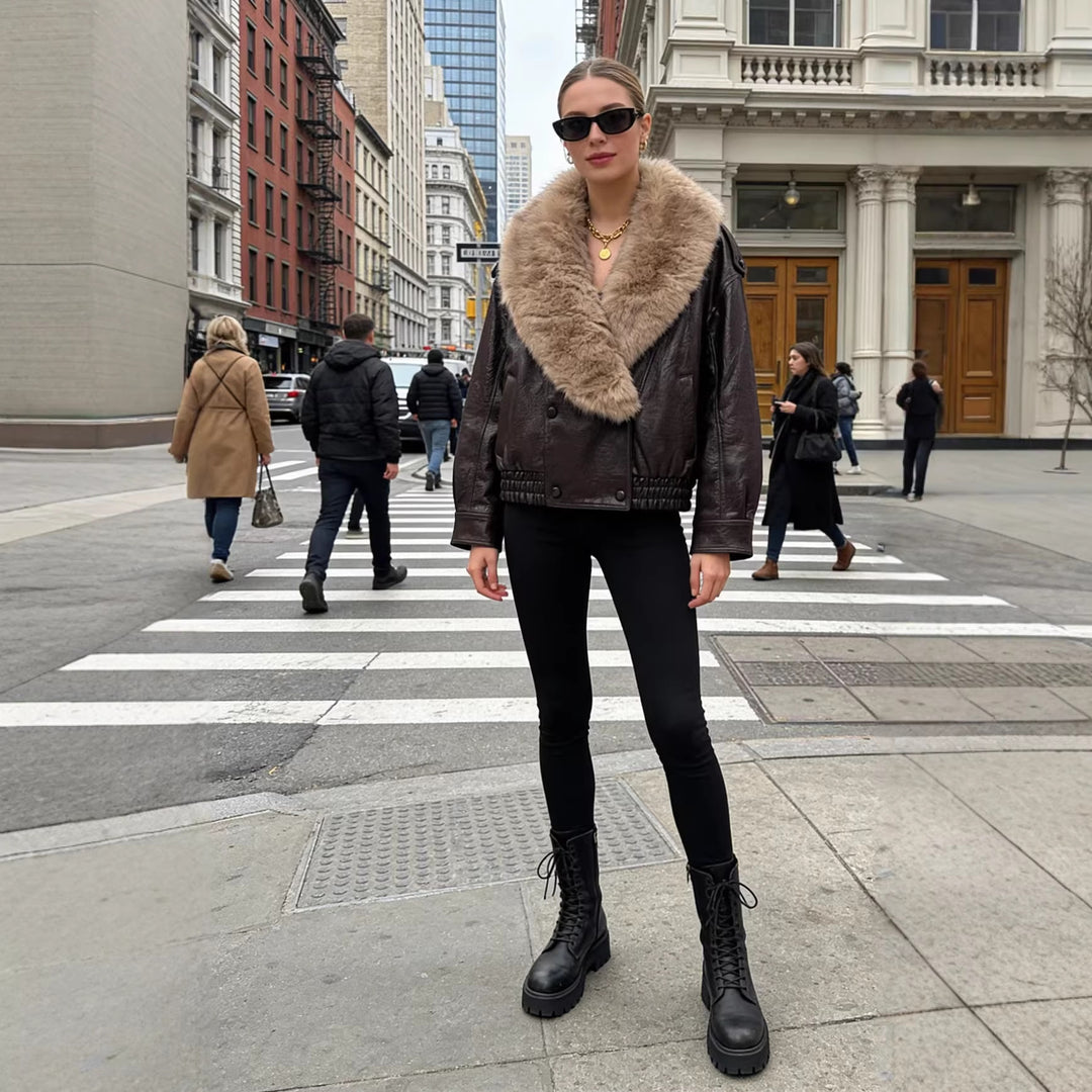 Women's Cropped Leather Jacket with voluminous Fur Collar and Waist Smock Mune Fashion