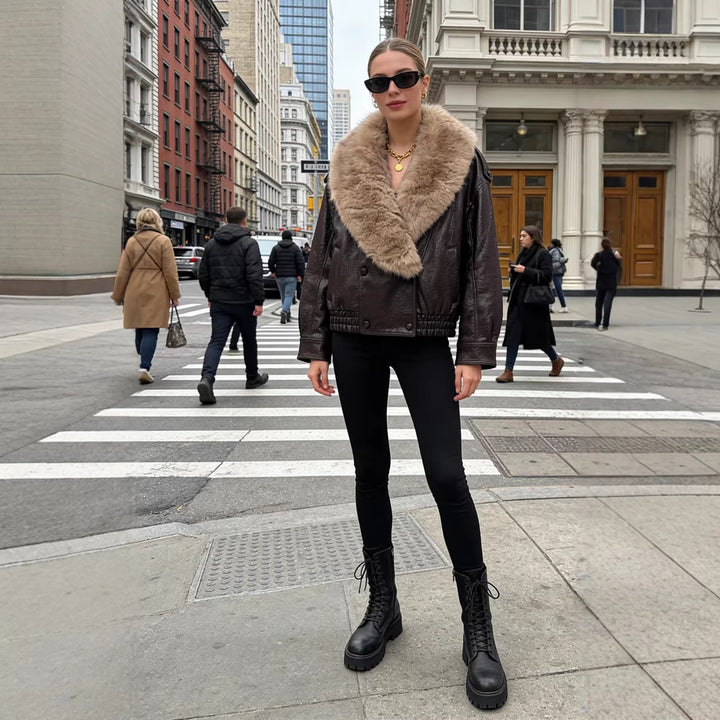 Women's Cropped Leather Jacket with voluminous Fur Collar and Waist Smock Mune Fashion