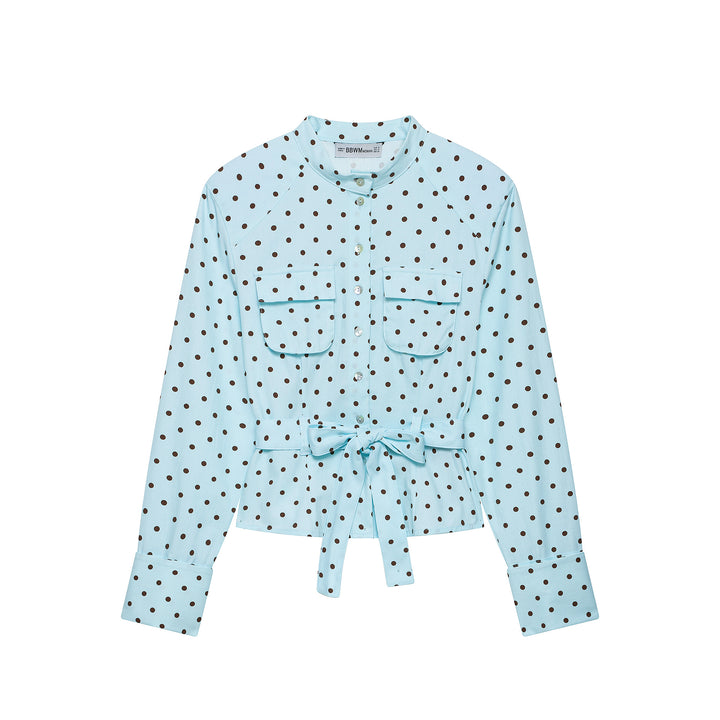 Women's blouse with stand-up collar, tie belt, and patch breast pockets Mune Fashion