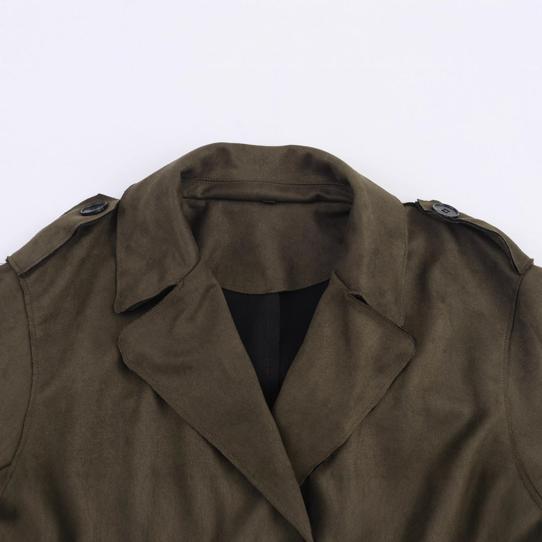 Women's Mid-length Trench Coat with Tied Belt and Shoulder Straps Mune Fashion