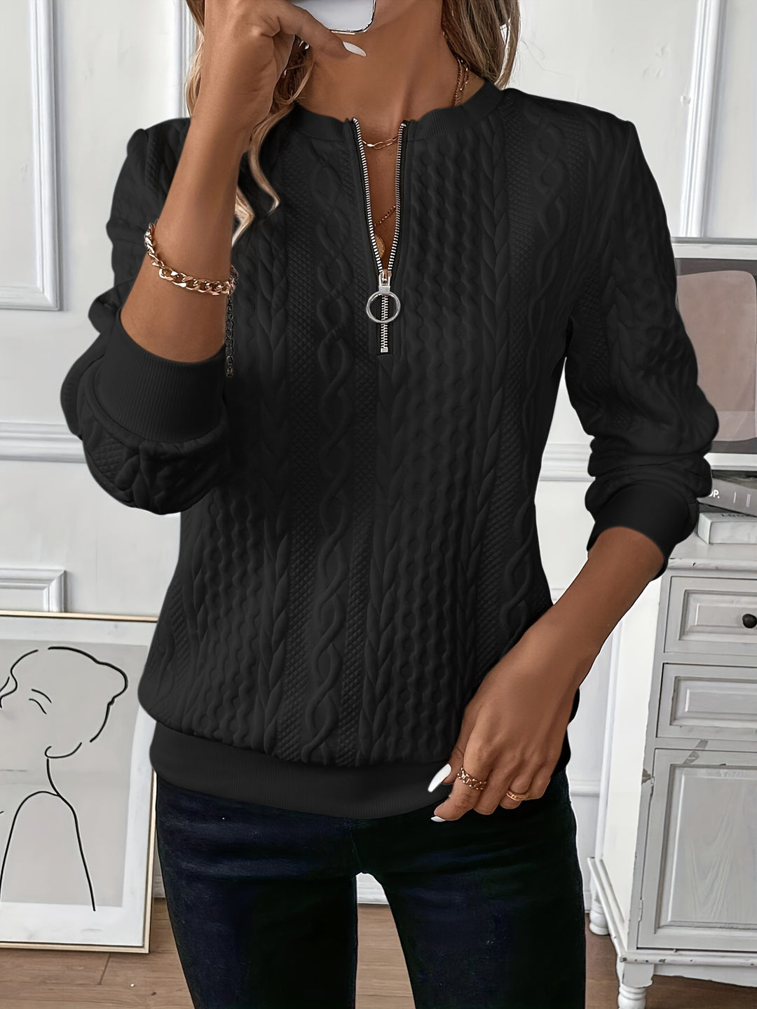 Women Structured Cable Knit Sweatshirt with Half Zip and Ribbed Cuffs Mune Fashion