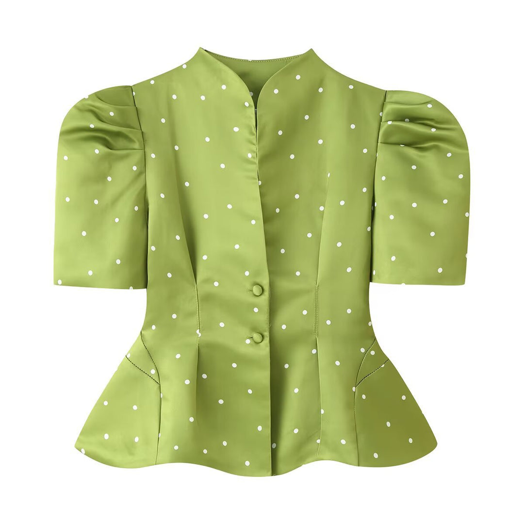Women Tailored Satin Blouse with Puff Sleeves, Stand Collar and Polka Dot Print Mune Fashion