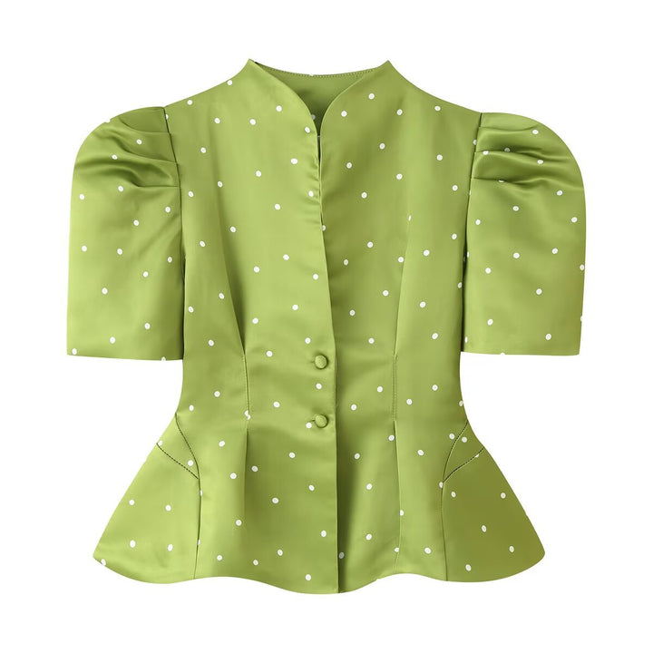 Women Tailored Satin Blouse with Puff Sleeves, Stand Collar and Polka Dot Print Mune Fashion