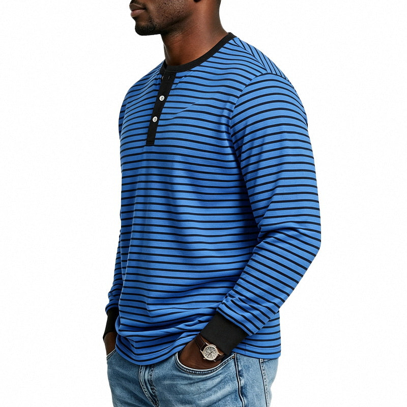 Men Striped Long Sleeve Henley Shirt Made of Cotton Blend with Button Placket Mune Fashion