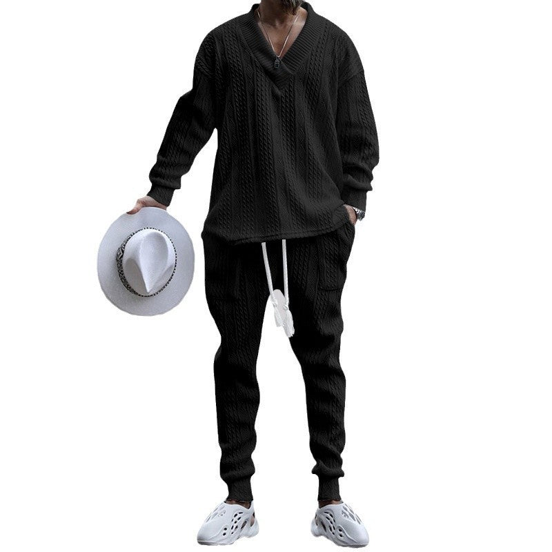 Men's knitted lounge set with deep V-neck, drawstring joggers and ribbed cuffs Mune Fashion