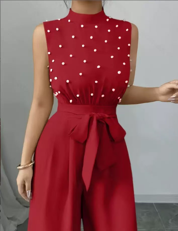 Women's Elegant Jumpsuit with Pearl Embellishment, Stand Collar and Wide Palazzo Leg Mune Fashion