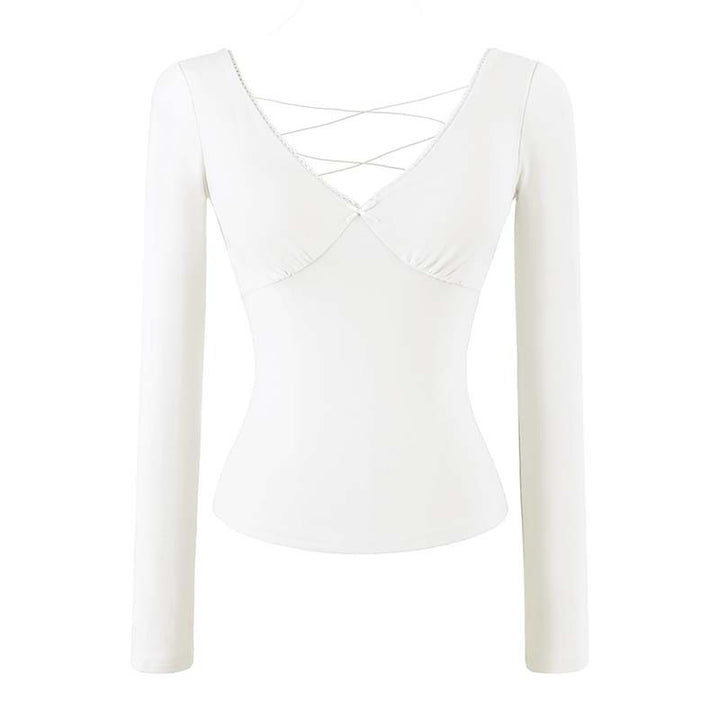 Women's Figure-Hugging Long Sleeve Top with Deep V-Neck, Crossed Spaghetti Straps and Lace Edge