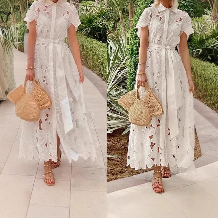 Women's flared maxi dress made of floral embroidery with a shirt collar, button placket, and tie belt Mune Fashion