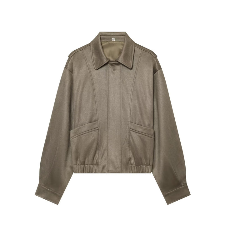 Women's Oversized Bomber Jacket in Vintage Velour Look with Kent Collar, Patch Pockets and Elastic Hem Mune Fashion
