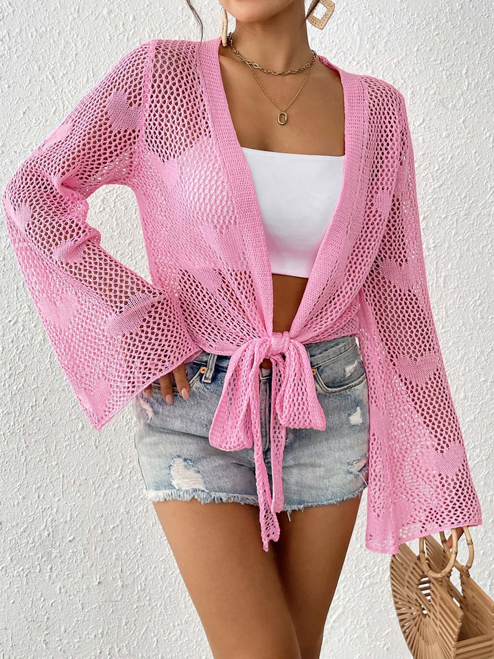 Women's airy knitted kimono with open front and drawstring