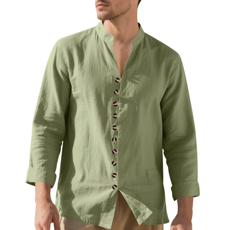 Men's casual linen shirt with Mandarin collar, continuous decorative button placket and roll-up sleeves Mune Fashion