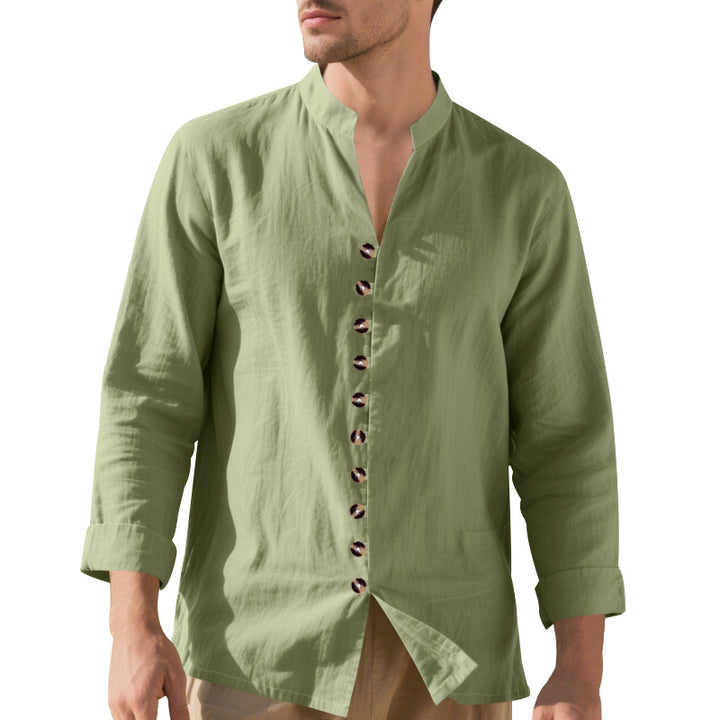 Men's casual linen shirt with Mandarin collar, continuous decorative button placket and roll-up sleeves Mune Fashion