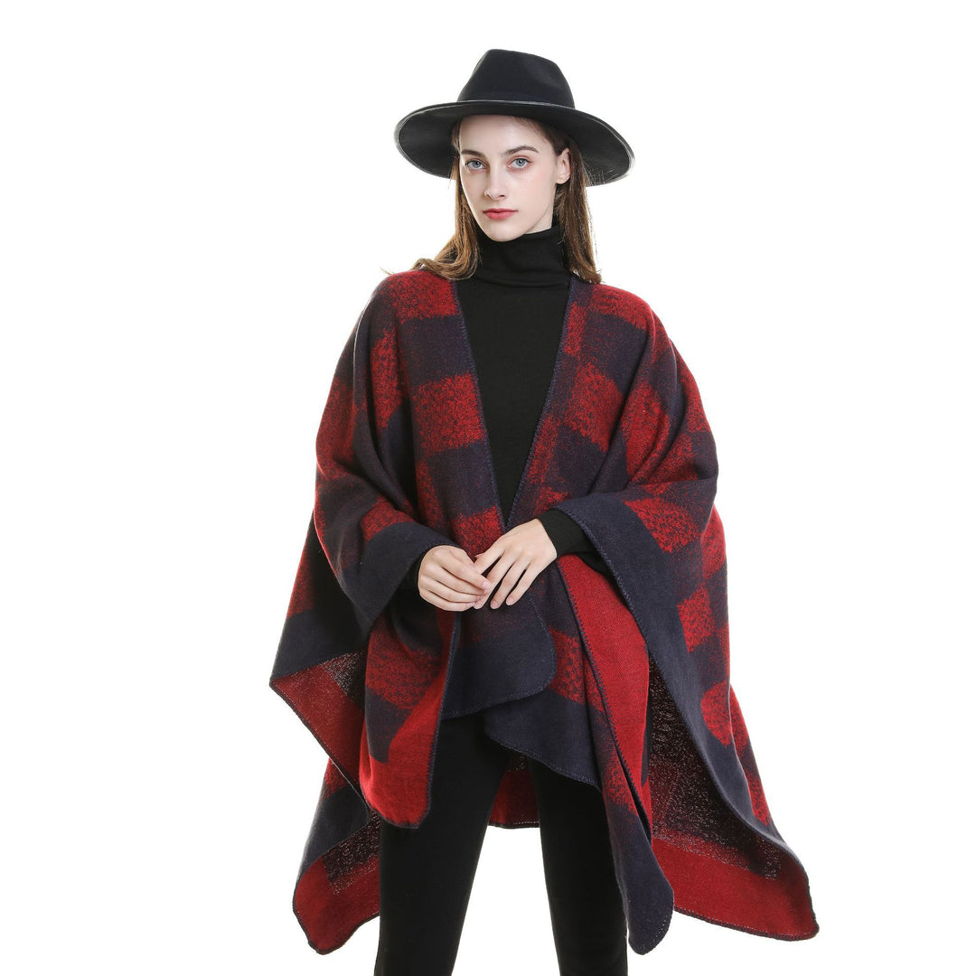 Women Versatile Wool Blend Wrap in Boxy Kimono Cut with Large Plaid Jacquard Detail