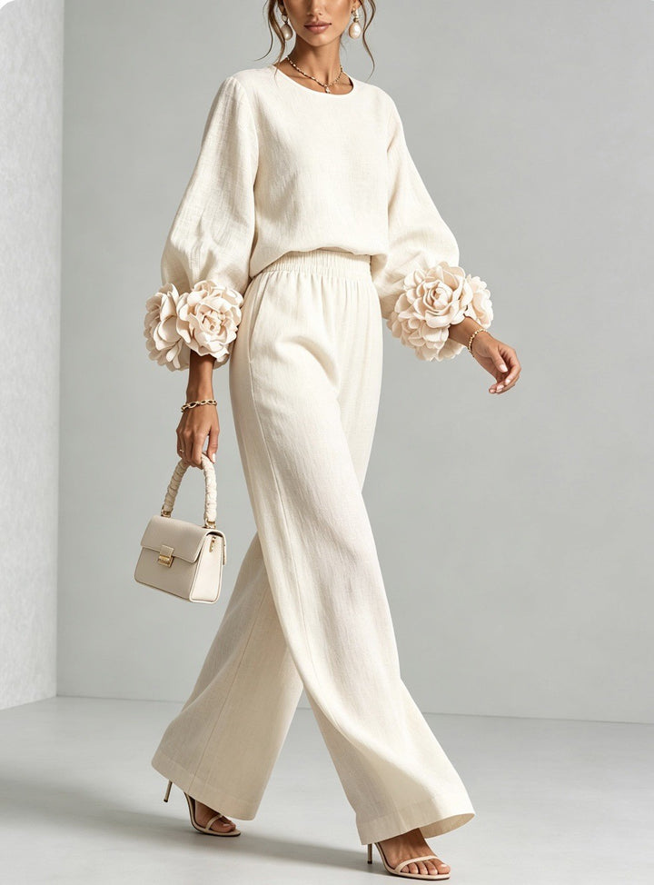 Women's Two-Piece Linen Blend Set with Wide Leg, Elastic Waistband and Floral Sleeves Mune Fashion