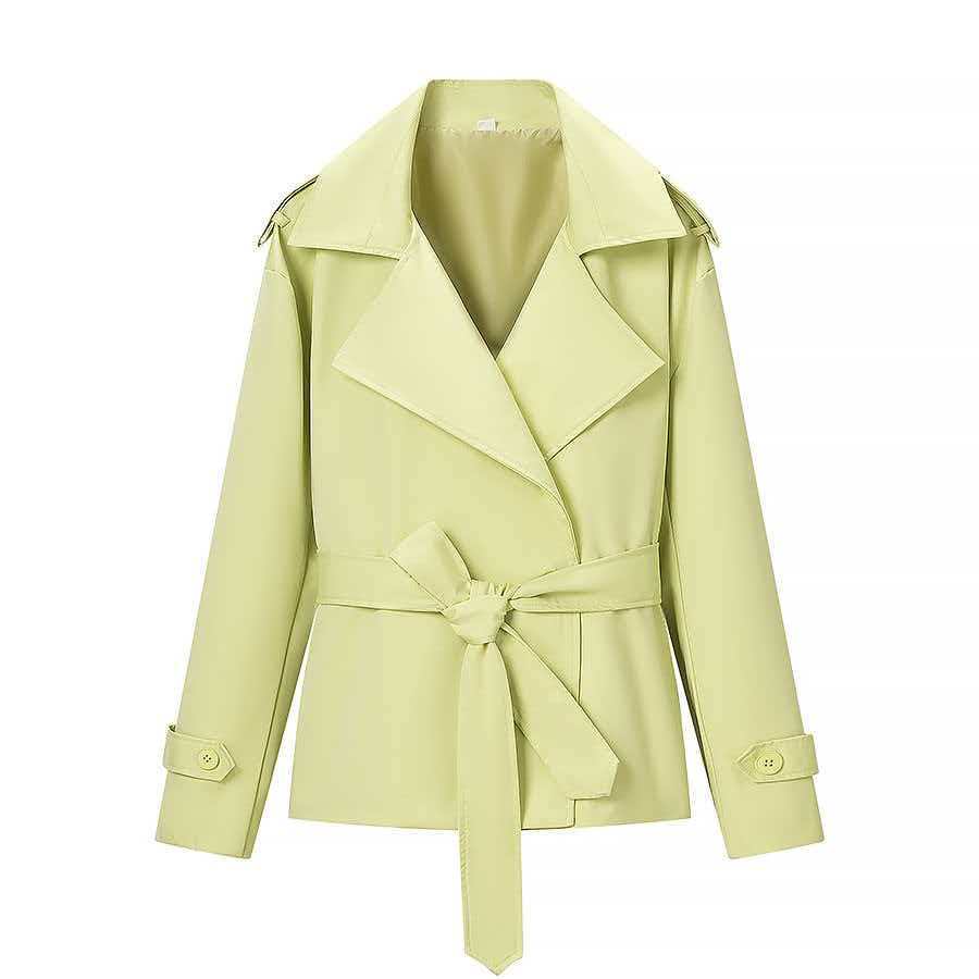 Women's short trench coat jacket with waist belt, wide lapels, and decorative shoulder epaulettes Mune Fashion