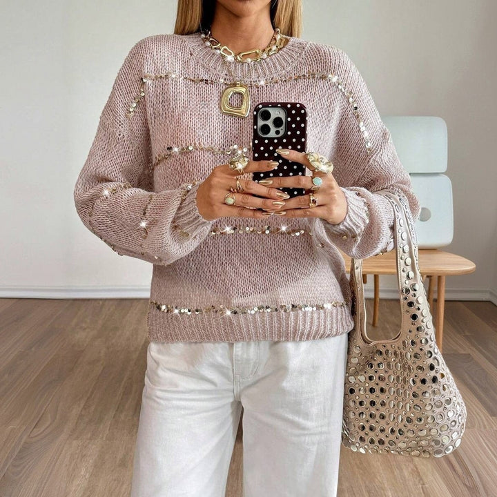Ladies chunky knit sweater with sequin stripe, oversized fit & round neck Mune Fashion
