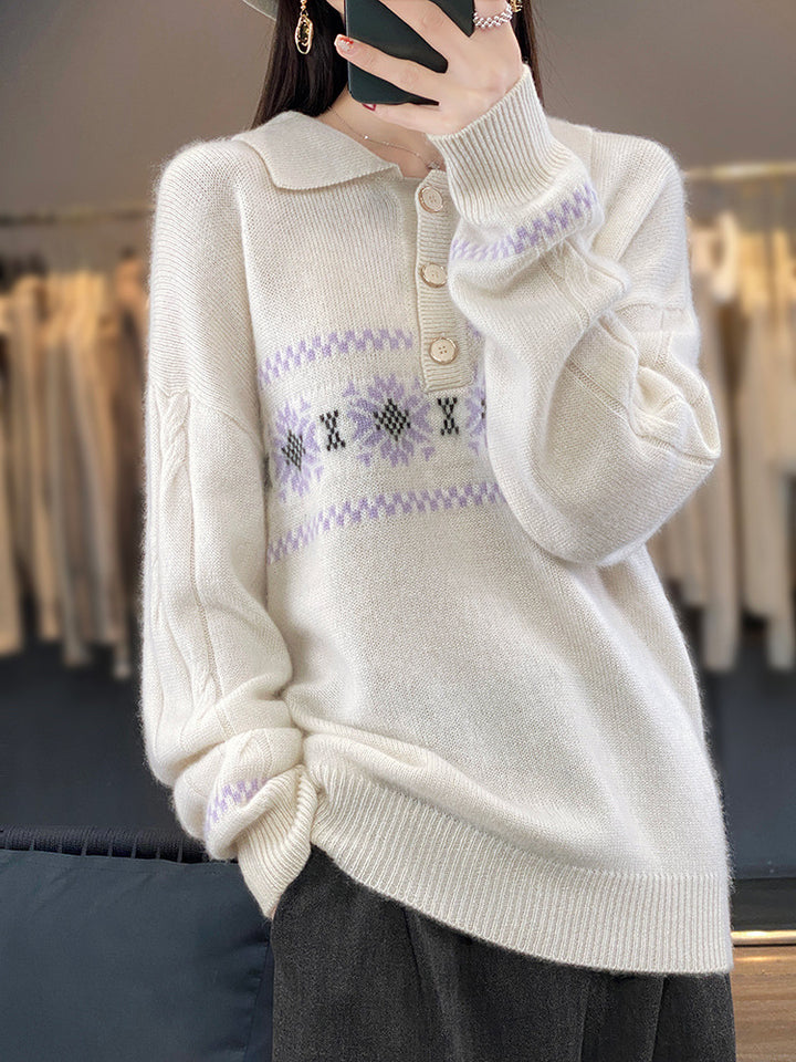 Women Oversize Polo Collar Knit Sweater with Norwegian Pattern and Raglan Sleeves Mune Fashion